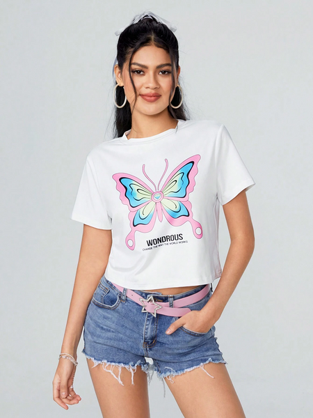 WOMEN Butterfly & Letter Printed Crop-Tee