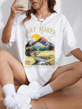 Women Mountain & Slogan Printed T-shirt T-SHIRT Tee Weed 