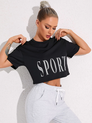 Women Letter Graphic Drop Shoulder Sports Crop-Top