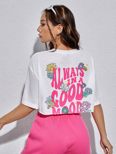 WOMEN Floral & Slogan Graphic Drop Shoulde Crop-Top