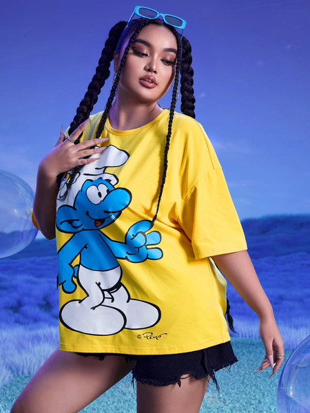 Women The Smurfs Plus Cartoon Graphic Oversize T-shirt