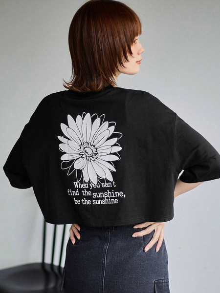 Women Summer Slogan Flower Print Loose Crop-Top