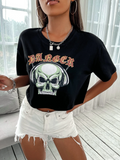 Women Skull & Letter Graphic Drop Shoulder Crop-Tee