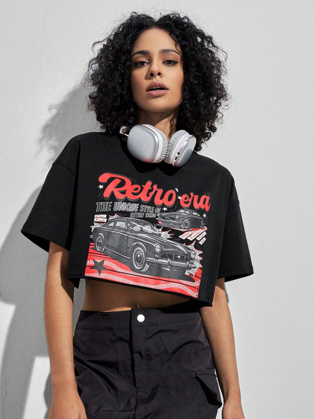 Women Letter Graphic Drop Shoulder Crop-Top