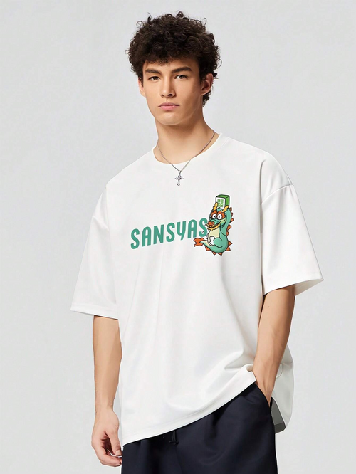 MEN Cartoon And Letter Print Drop Shoulder T-Shirt