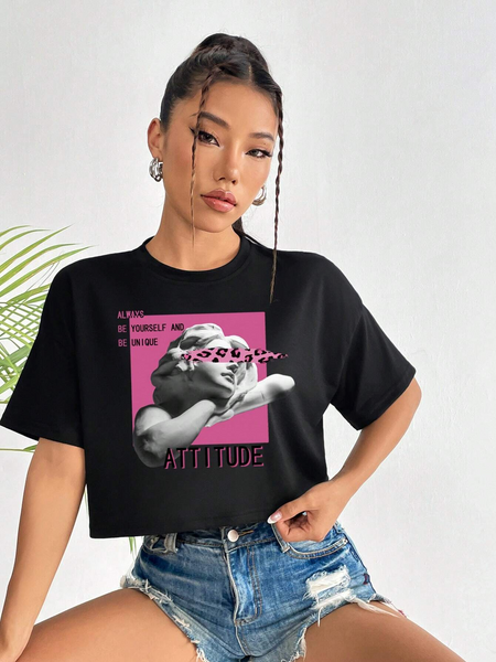 Women Figure & Letter Graphic Drop Shoulder Crop-Top