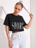 Women Letter Graphic Drop Shoulder Sports Crop-Top