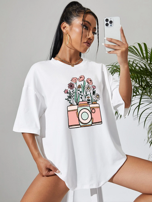 Camera And Floral Print oversize T-shirt