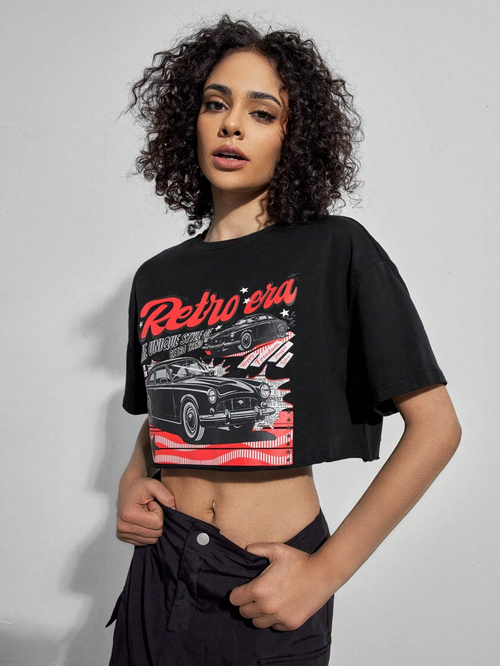 Women Letter Graphic Drop Shoulder Crop-Top