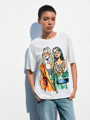 Women White Pattern Cartoon Print Oversize T-shirt