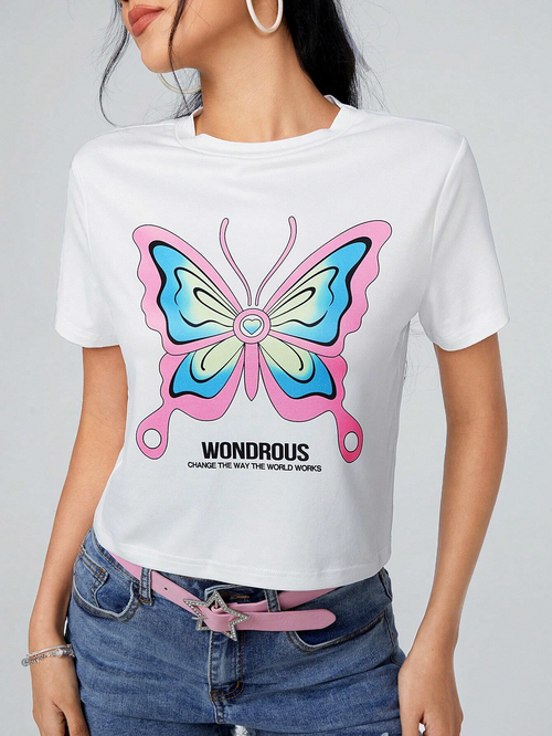 WOMEN Butterfly & Letter Printed Crop-Tee