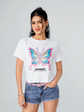 WOMEN Butterfly & Letter Printed Crop-Tee