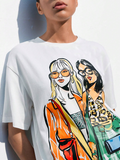 Women White Pattern Cartoon Print Oversize T-shirt