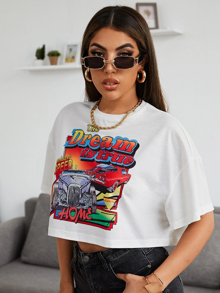 WOMEN Letter and Car Print Crop-Top