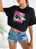 Women Figure & Letter Graphic Drop Shoulder Crop-Top