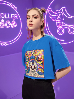 Women Summer blues Skull Print Drop Shoulder Crop-Top