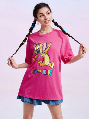 Women TOM & JERRY PINK Cartoon Letter Print T-shirt