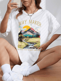 Women Mountain & Slogan Printed T-shirt T-SHIRT Tee Weed 