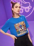 Women Summer blues Skull Print Drop Shoulder Crop-Top