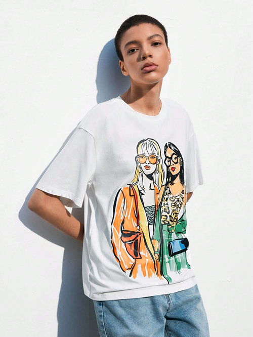 Women White Pattern Cartoon Print Oversize T-shirt