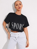 Women Letter Graphic Drop Shoulder Sports Crop-Top