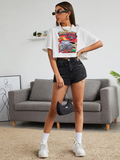 WOMEN Letter and Car Print Crop-Top