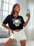 Women Skull & Letter Graphic Drop Shoulder Crop-Tee