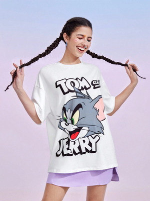 Women TOM & JERRY Cartoon Letter print T-shirt