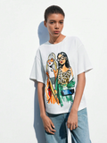 Women White Pattern Cartoon Print Oversize T-shirt