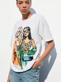 Women White Pattern Cartoon Print Oversize T-shirt