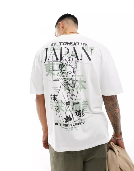 Men Oversized White With Japan Back Print T-Shirt