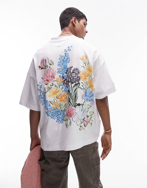 Men Back Digital Flowers Print In White T-shirt