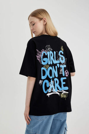 Woman Black Oversize Printed Short Sleeve T-Shirt