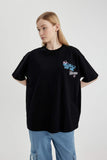 Woman Black Oversize Printed Short Sleeve T-Shirt