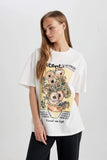 Women Oversize Fit Van Gogh Licensed Crew Neck Printed Short Sleeve T-Shirt