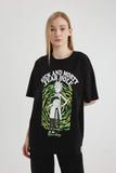 Black Woman Oversize Fit Rick and Morty Licensed Printed T-Shirt