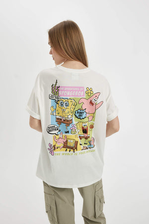 White Woman SpongeBob Oversize Fit Crew Neck Printed T-Shirt