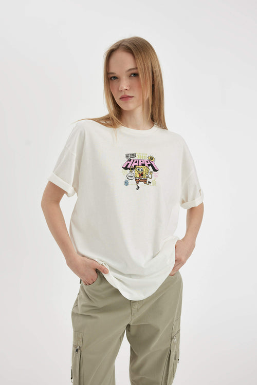 White Woman SpongeBob Oversize Fit Crew Neck Printed T-Shirt