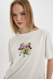 White Woman SpongeBob Oversize Fit Crew Neck Printed T-Shirt