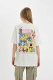 White Woman SpongeBob Oversize Fit Crew Neck Printed T-Shirt