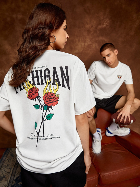 Unisex Slogan & Floral Print T-shirt